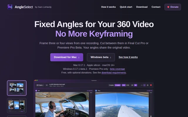 The AngleSelect home page — fixed angles for your 360 video, with downloads for Mac and the Windows beta